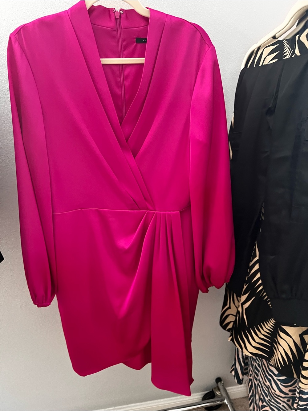 Alex Marie Fuchsia Long Sleeve Draped Wrap Dress